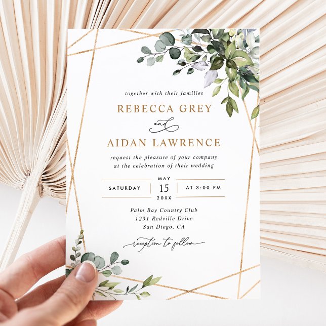 Modern Eucalyptus Leaves Gold Greenery Wedding Invitation (Creator Uploaded)