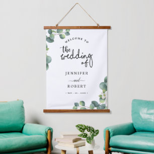 Modern Eucalyptus Leaves Rustic Wedding Welcome Hanging Tapestry