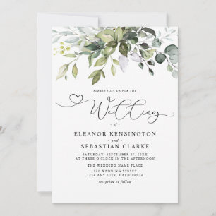 Modern Eucalyptus Leaves Whimsical Script Wedding Invitation