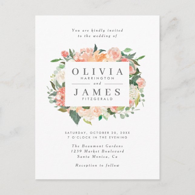 Modern Eucalyptus Peach Watercolor Flowers Wedding Invitation Postcard (Front)
