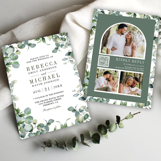 Modern Eucalyptus Photo Collage QR Code Wedding Invitation (Creator Uploaded)