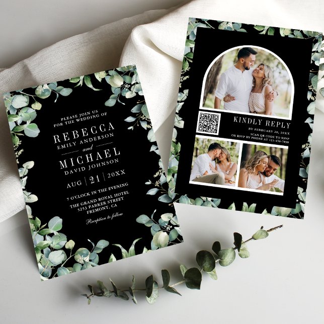 Modern Eucalyptus Photo QR Code Black Wedding Invitation (Creator Uploaded)