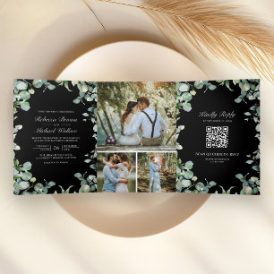 Modern Eucalyptus Photo QR Code Black Wedding Tri-Fold Invitation