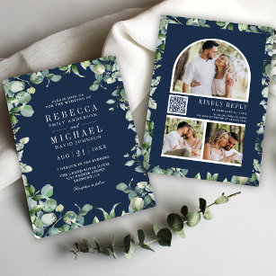 Modern Eucalyptus Photo QR Code Navy Blue Wedding Invitation
