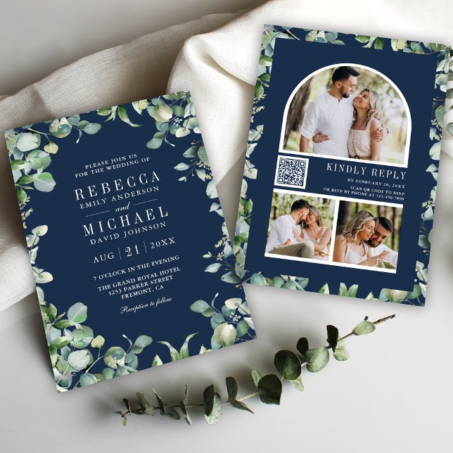 Modern Eucalyptus Photo QR Code Navy Blue Wedding Invitation (Creator Uploaded)