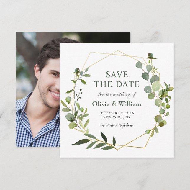 Modern Eucalyptus PHOTO Wedding SAVE THE DATE Invitation (Front/Back)