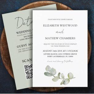 Modern Eucalyptus Sage Green All In One Wedding   Invitation