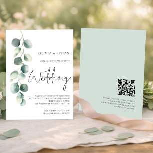 Modern Eucalyptus Script QR code Sage Wedding Invitation