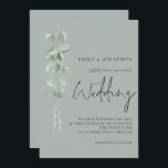 Modern Eucalyptus Script Sage Green Wedding Invitation<br><div class="desc">Modern Eucalyptus Script Sage Green Wedding. Elegant minimalist botanical style, with a set handwritten script for Wedding and the rest of the text you can easily personalise. An elegant branch of watercolor eucalyptus leaves runs down the left hand side. The sage green background on each side can be changed to...</div>