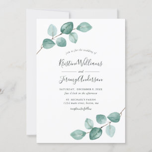 Modern Eucalyptus Watercolor Black Script Wedding Invitation