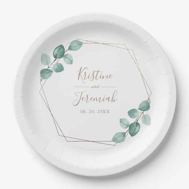 Modern Eucalyptus Watercolor Coffee Script Wedding Paper Plate (Front)