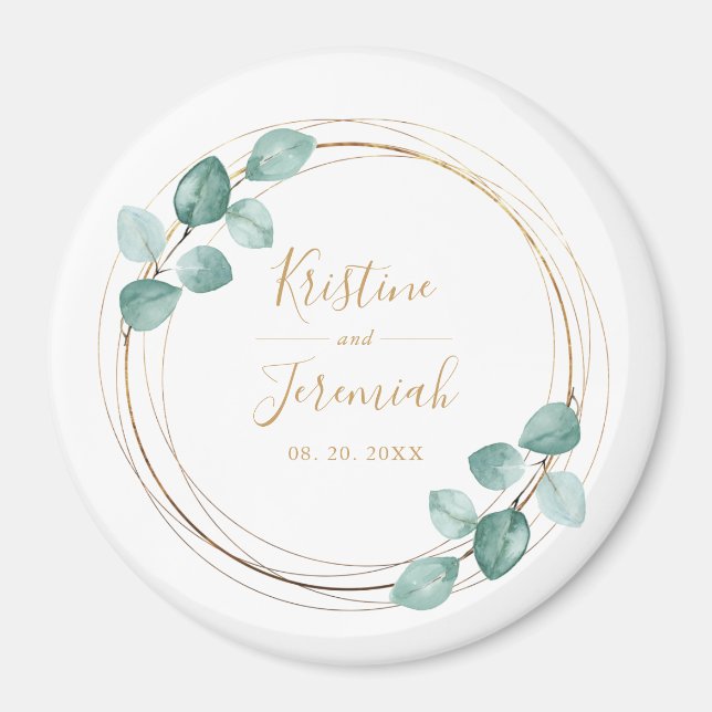 Modern Eucalyptus Watercolor Gold Script Wedding Magnet (Front)