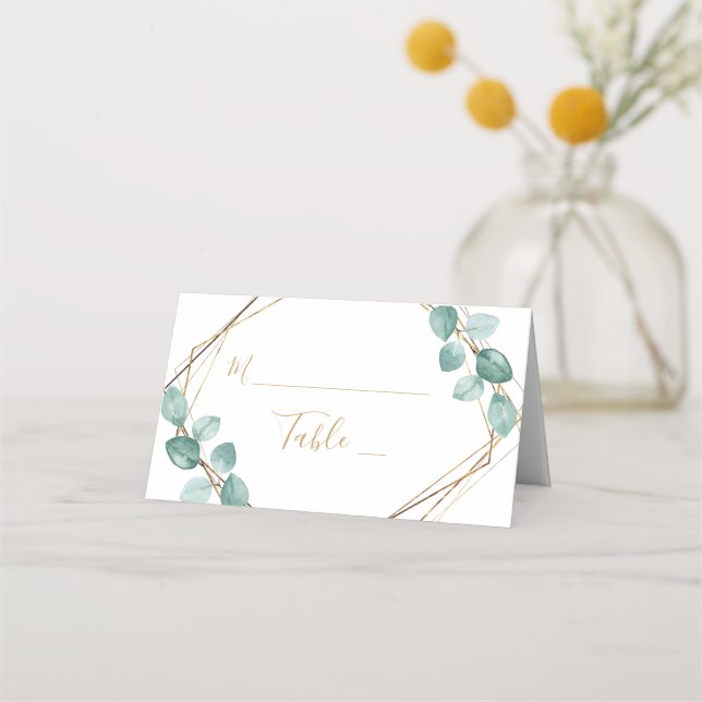 Modern Eucalyptus Watercolor Gold Script Wedding Place Card (Front)