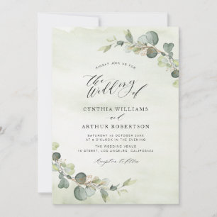 modern eucalyptus watercolor green wedding invitation