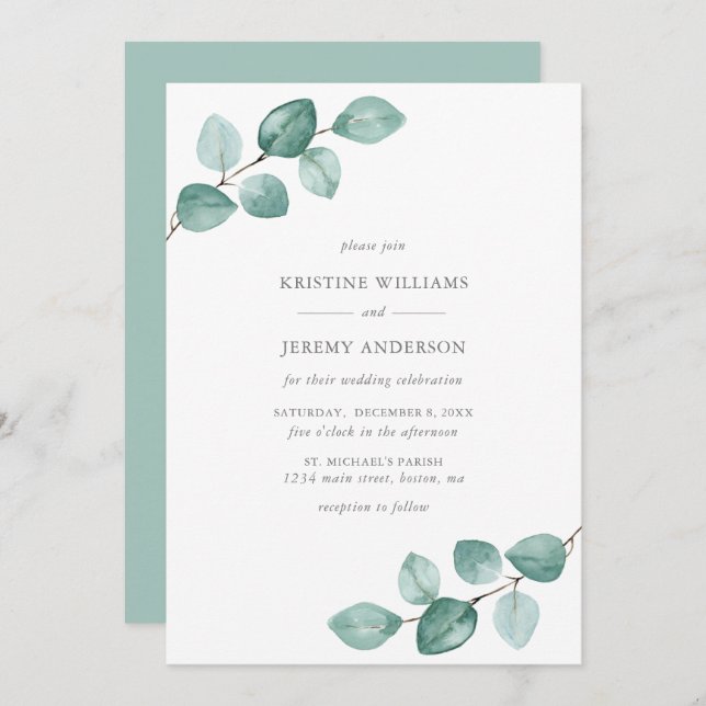 Modern Eucalyptus Watercolor Greenery Wedding Invitation (Front/Back)