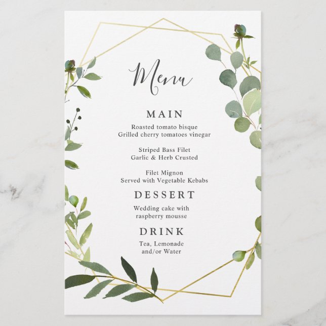 Modern Eucalyptus Watercolor Wedding Dinner Menu (Front)