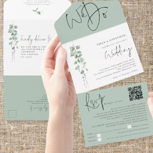 Modern Eucalyptus We Do QR Code Wedding All In One Invitation