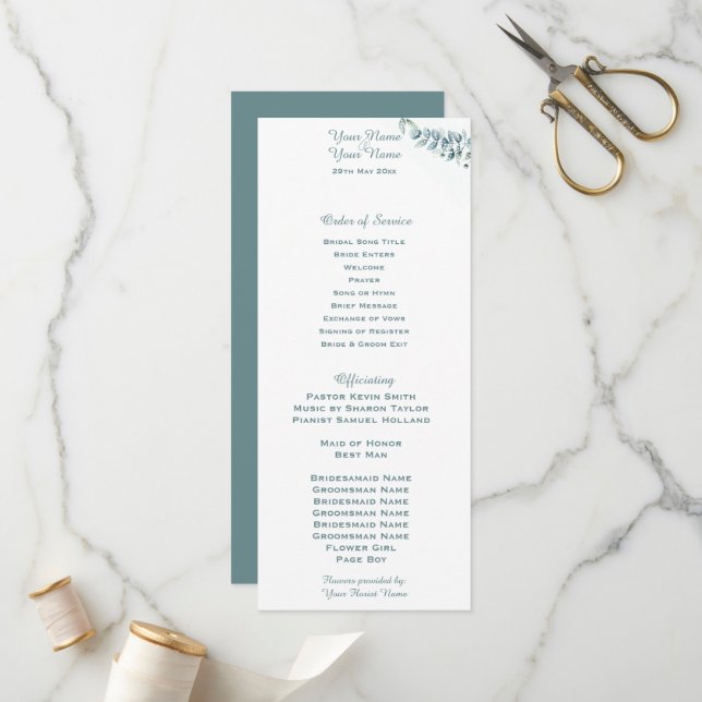 Modern Eucalyptus Wedding Program Programme (Front/Back In Situ)