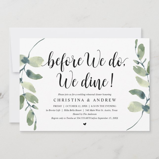Modern Eucalyptus, Wedding Rehearsal Dinner Invitation (Front)