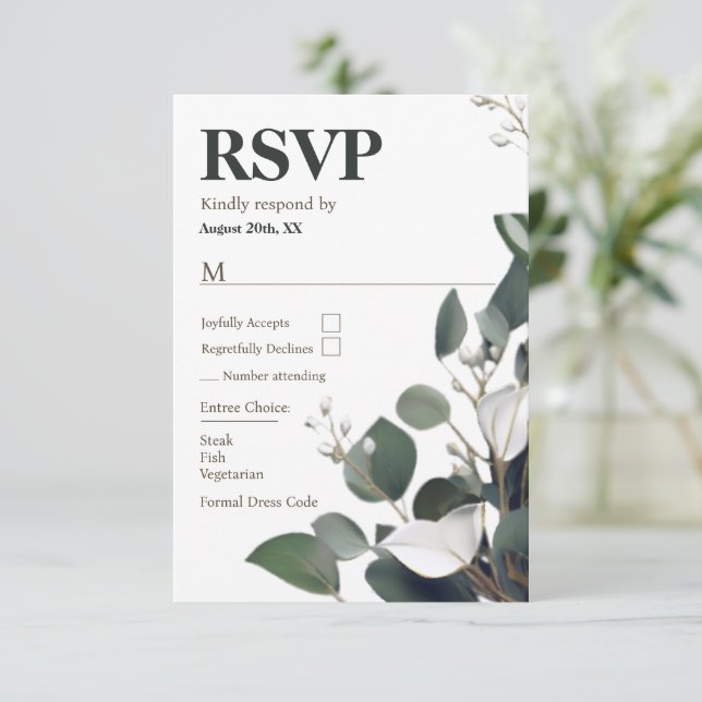 Modern Eucalyptus Wedding RSVP Card (Standing Front)