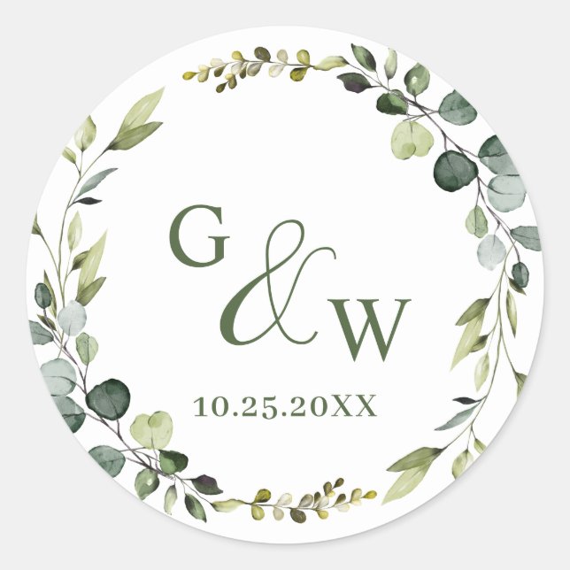 Modern Eucalyptus Wreath Frame Floral Wedding Boho Classic Round Sticker (Front)