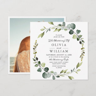 Modern Eucalyptus Wreath Frame PHOTO Wedding Invitation