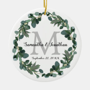 Modern Eucalyptus Wreath Monogram Wedding Keepsake Ceramic Tree Decoration
