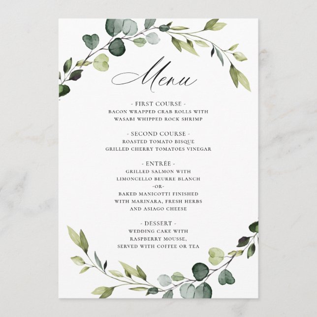 Modern Eucalyptus Wreath Watercolor Wedding Boho Menu (Front)