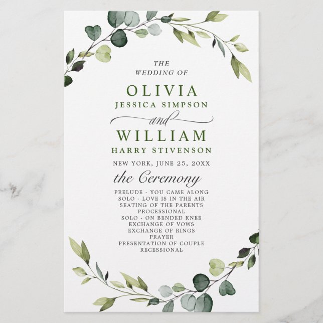 Modern Eucalyptus Wreath Wedding Ceremony Program  (Front)