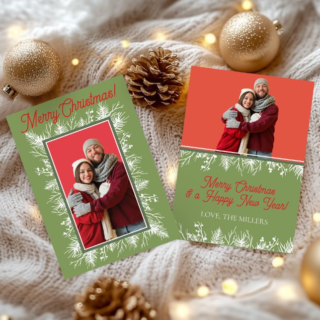 Modern Evergreen Photo Christmas Card (Modern Red, White, and Green 2 Photo Evergreen Flat Christmas Card)