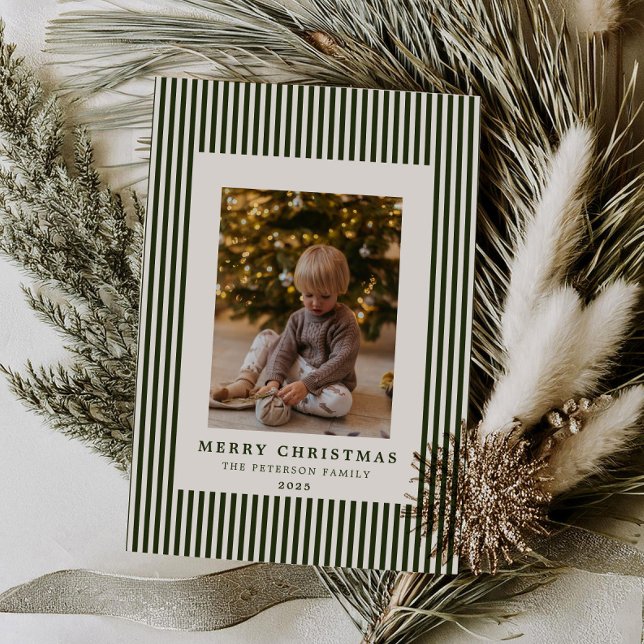 Modern Evergreen Pinstripe Christmas Family Photo Holiday Card (Creator Uploaded)