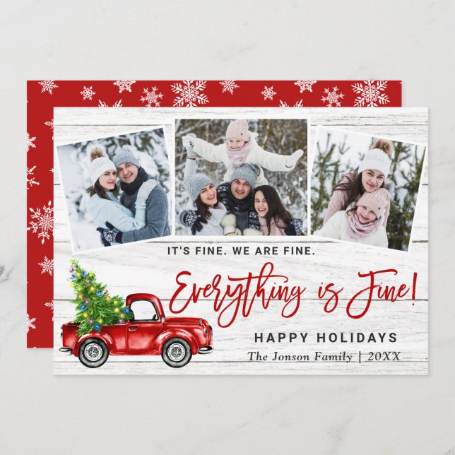 Modern Everything is Fine Christmas 3 Photo Holiday Card (Front/Back)