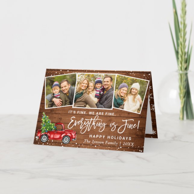 Modern Everything is Fine Christmas 3 Photo Holiday Card (Front)