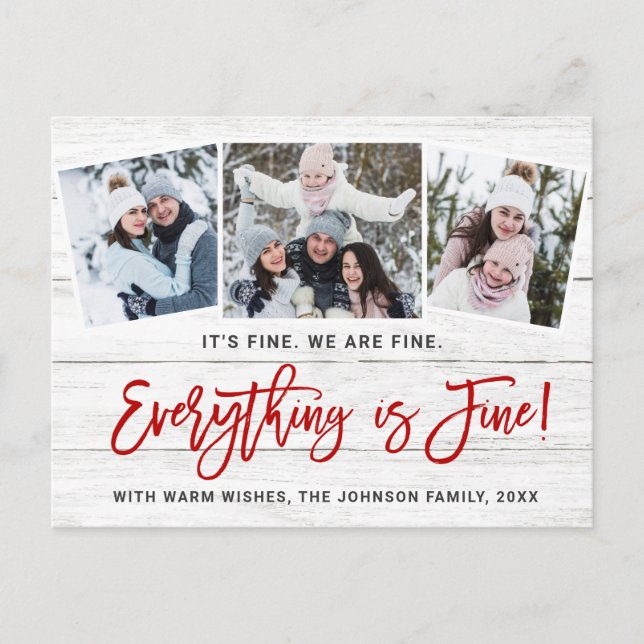 Modern Everything is Fine Christmas 3 Photo Postcard (Front)