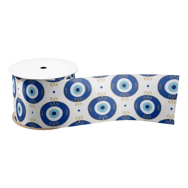 Modern Evil Eye Pattern Blue & Gold Protection Satin Ribbon (Spool)