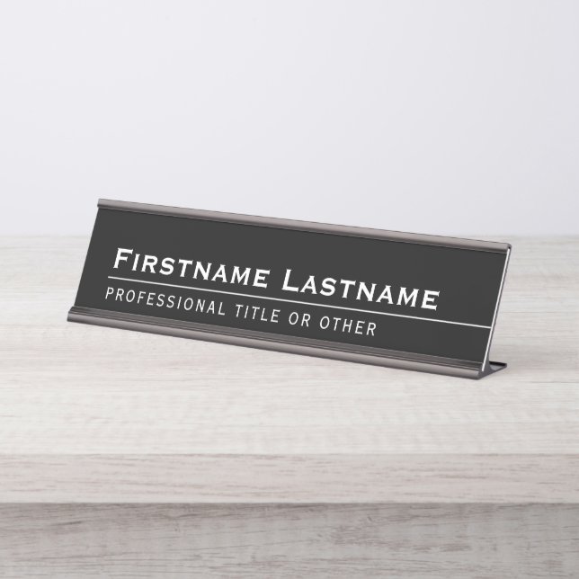 Modern Executive Name and Title Desk Black White Plate (Front)