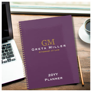 Modern Executive Plum Purple Gold Monogram Planner