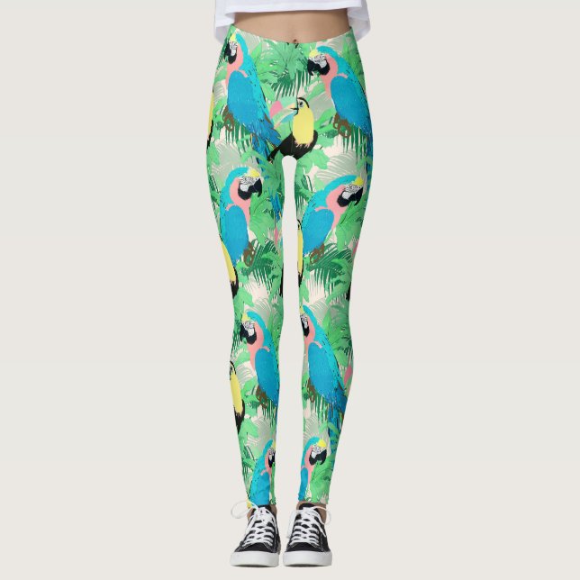 Modern Exotic Birds & Foliage Tropical Design Leggings (Front)