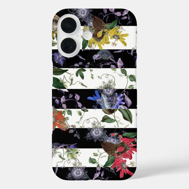 Modern Exotic Colourful Flowers Black White Stripe Case-Mate iPhone Case (Back)
