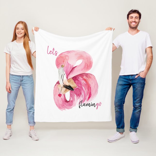 Modern Exotic Pink Let's Flamingo Watercolor  Fleece Blanket (In Situ)