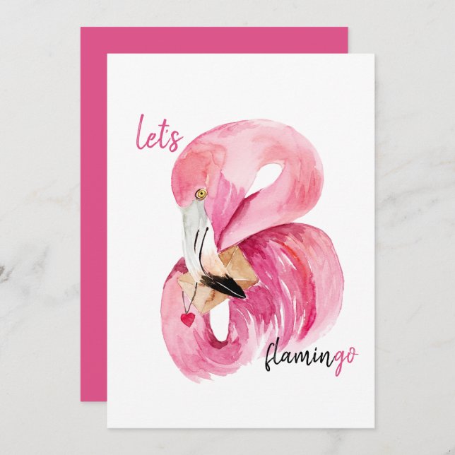 Modern Exotic Pink Let's Flamingo Watercolor  Holiday Card (Front/Back)