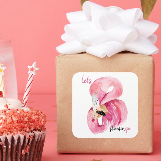Modern Exotic Pink Let's Flamingo Watercolor Square Sticker (Party)