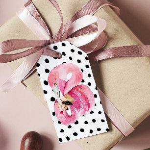 Modern Exotic Pink Watercolor Flamingo & Dots Gift Tags