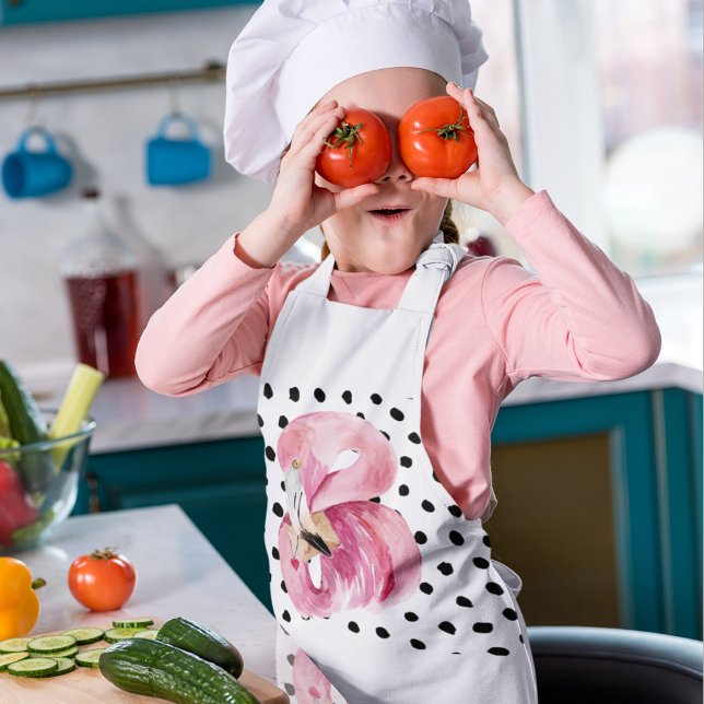 Modern Exotic Pink Watercolor Flamingo & Dots Kids Apron (Creator Uploaded)