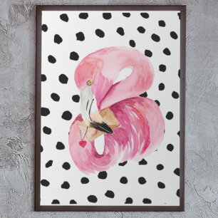 Modern Exotic Pink Watercolor Flamingo & Dots Poster