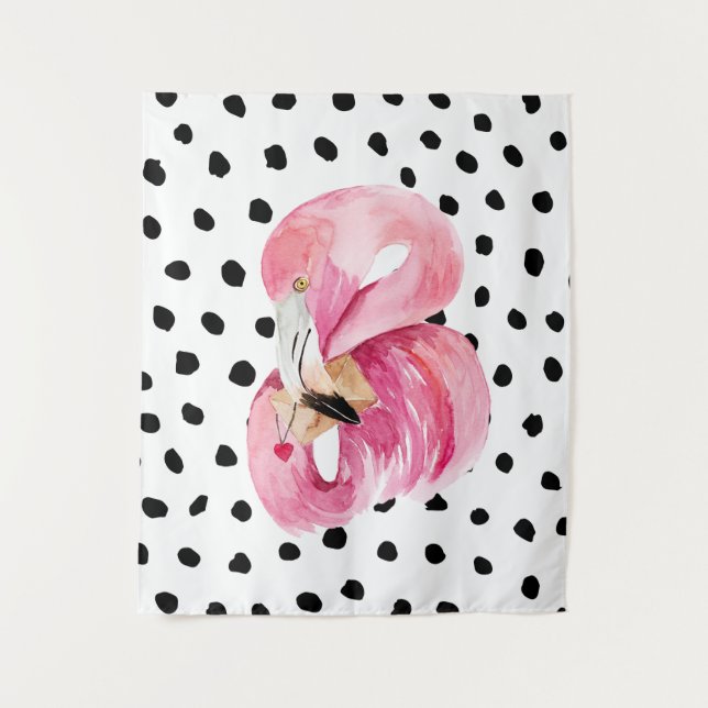 Modern Exotic Pink Watercolor Flamingo & Dots Tapestry (Front)