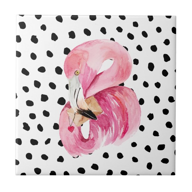 Modern Exotic Pink Watercolor Flamingo & Dots Tile (Front)