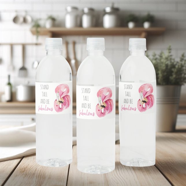 Modern Exotic Stand Tall And BE Fabulous Flamingo Water Bottle Label (Creator Uploaded)