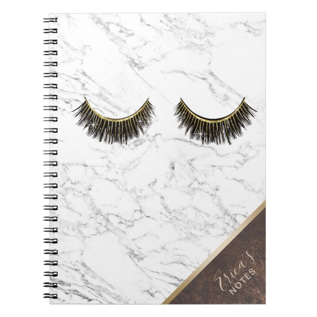 Modern Eyelash Trendy White Marble Copper Corner Spiral Notebook (Front)