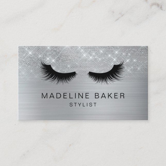 Modern Eyelashes Makeup Silver Glitter Lashes Lash Business Card (Front)
